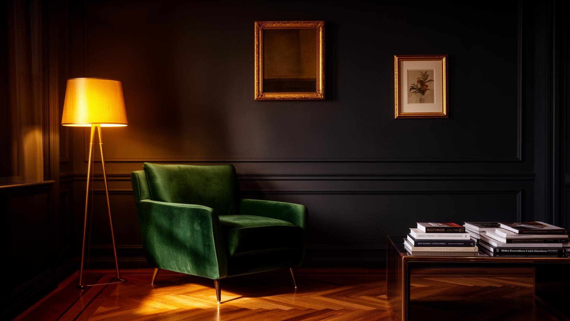 Luxury marketing workspace with marble desk, leather portfolio, and golden ambient lighting