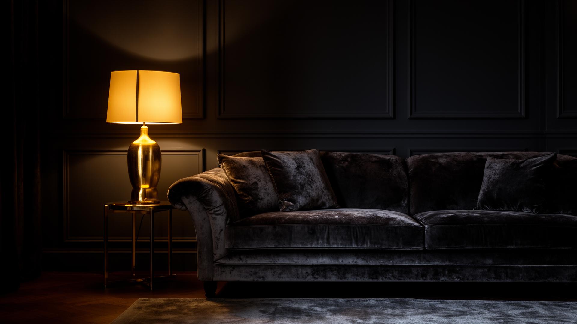 Luxurious dark interior with golden lamp light and velvet furnishings