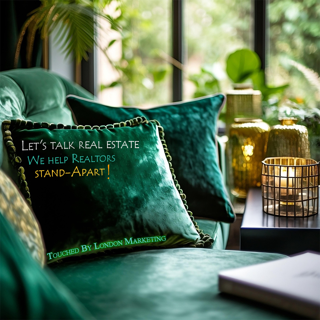 Elegant green velvet cushions with gold accents and Touched By London Marketing branding