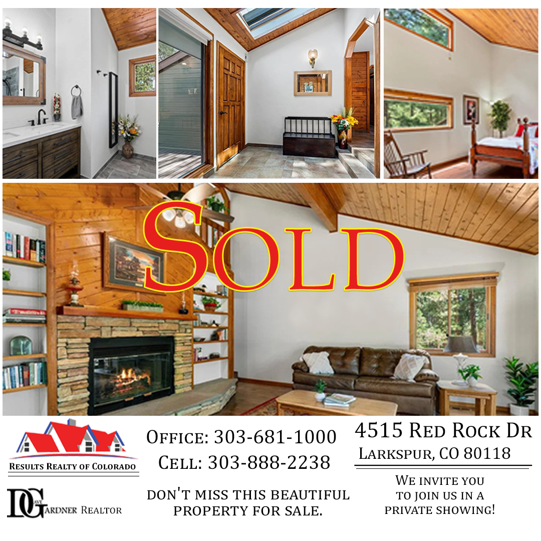 Sold listing ad for 4515 Red Rock Dr Larkspur Colorado with wood cabin interior