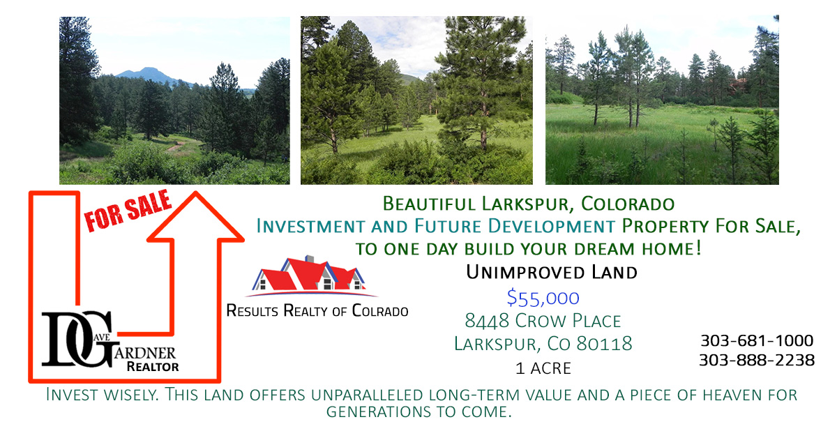 For sale unimproved land listing ad for 8448 Crow Place Larkspur Colorado
