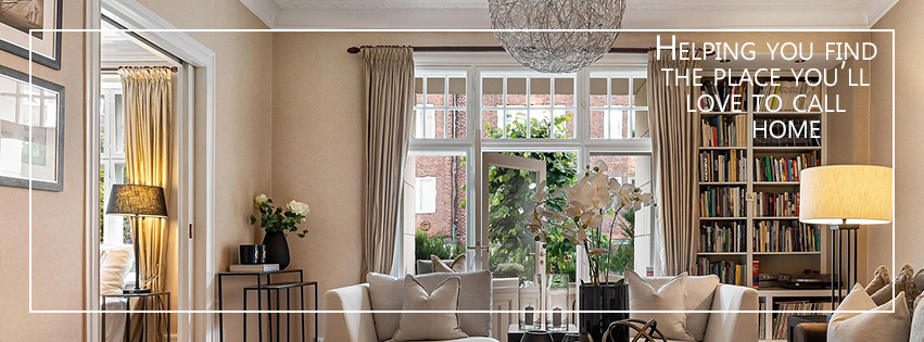 Catherine Lennox Facebook banner with elegant living room interior
