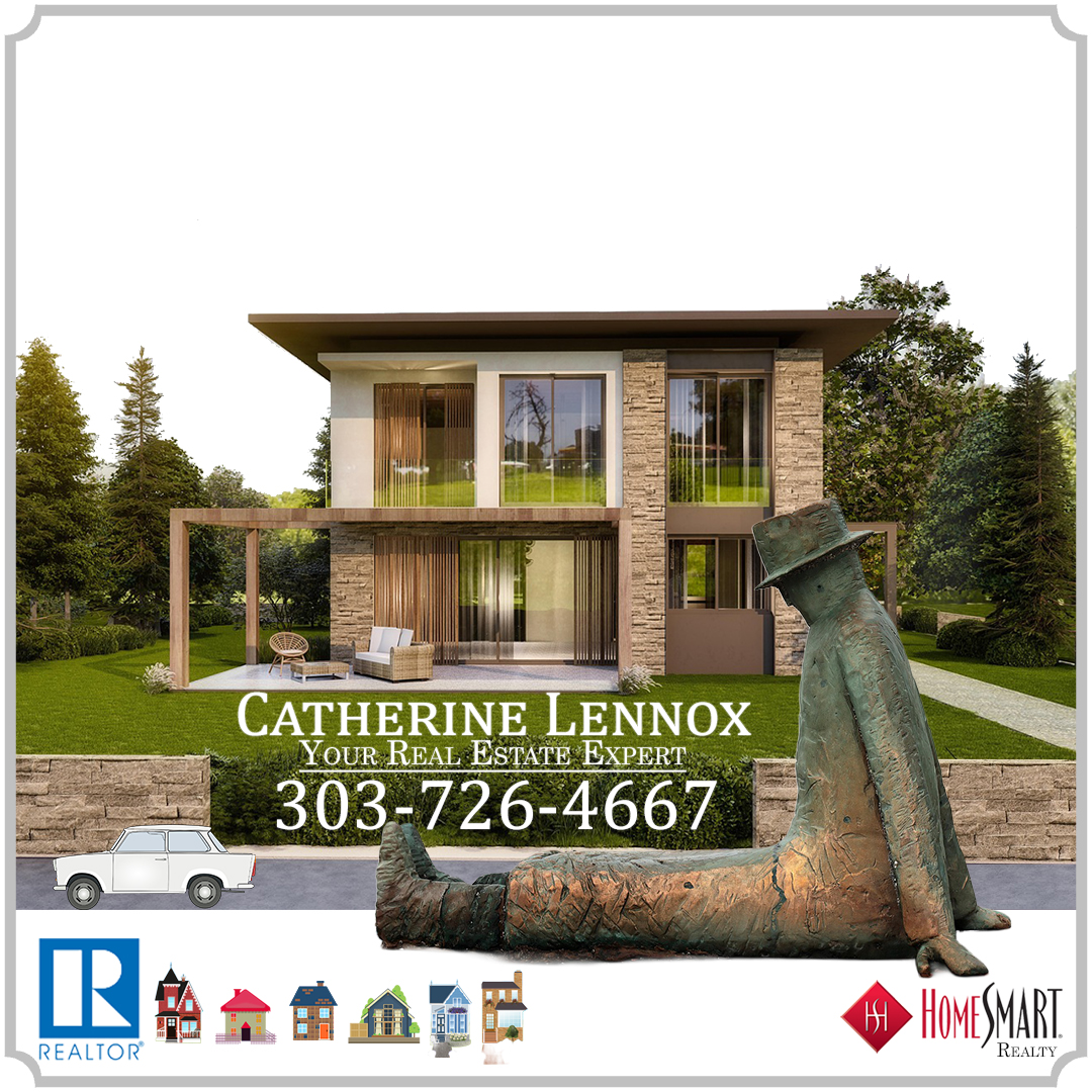 Luxury modern home marketing ad for Catherine Lennox with bronze statue