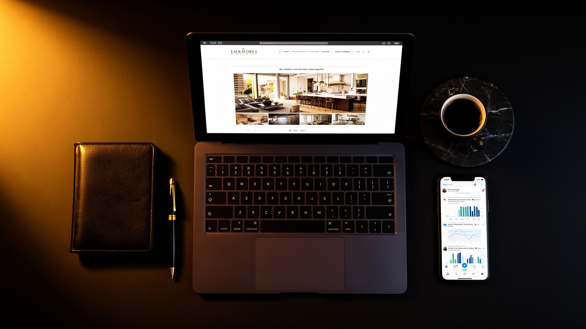 Luxury marketing materials with gold accents on dark surface
